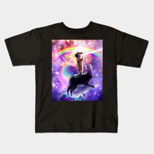 Laser Galaxy Space Cat On Rainbow Llama Unicorn Kids T-Shirt